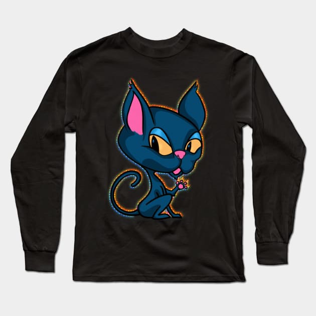 Cute Magic Cartoon Cat Long Sleeve T-Shirt by Vector Deluxe